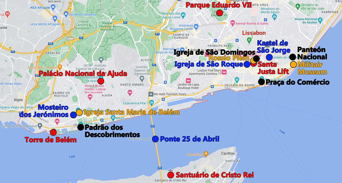 Kaart Lissabon met bezochte locaties